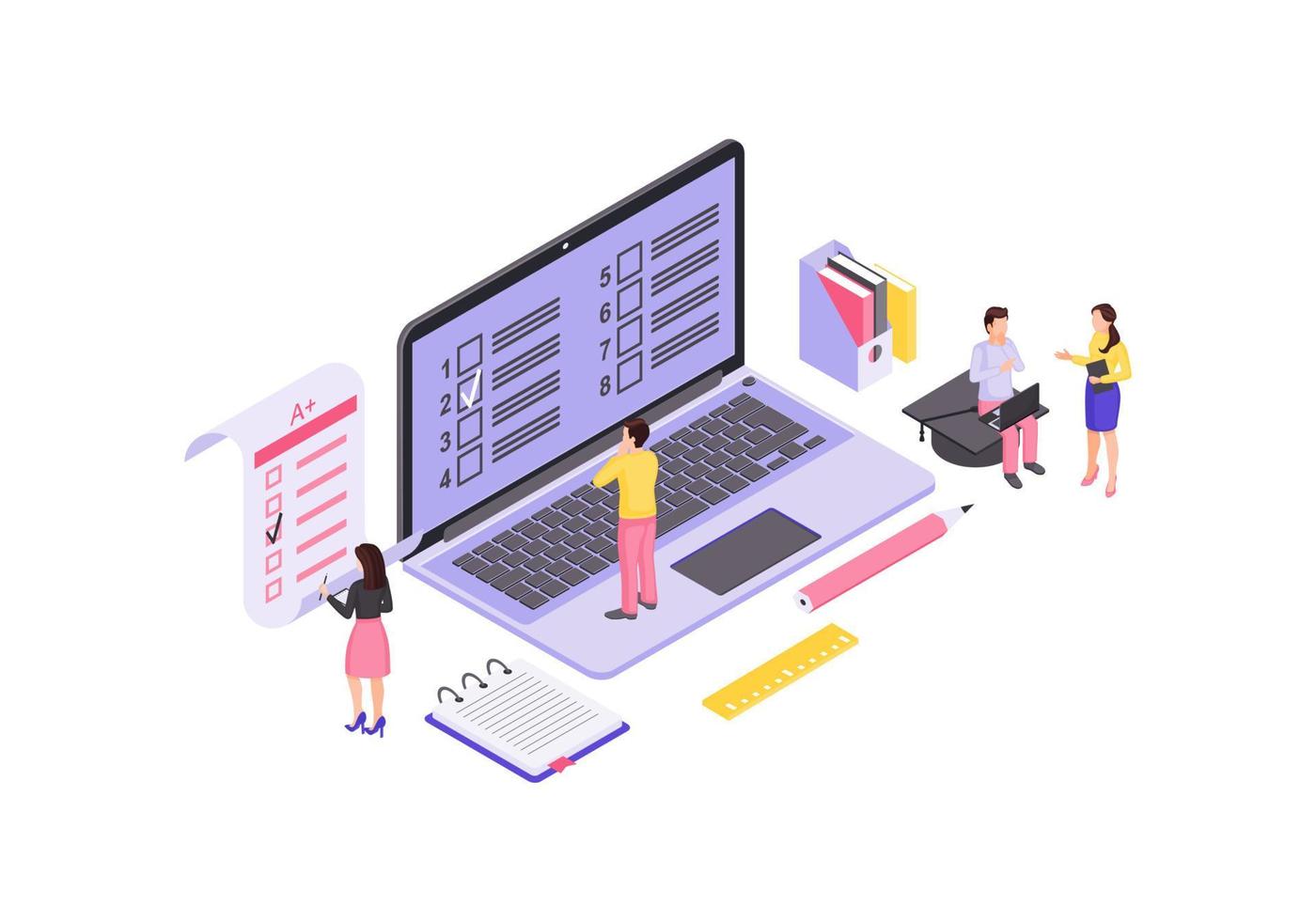 Online exam isometric color vector illustration. Student examination, homework infographic. Computer display with language test forms. E learning class 3d isolated concept. Education platform