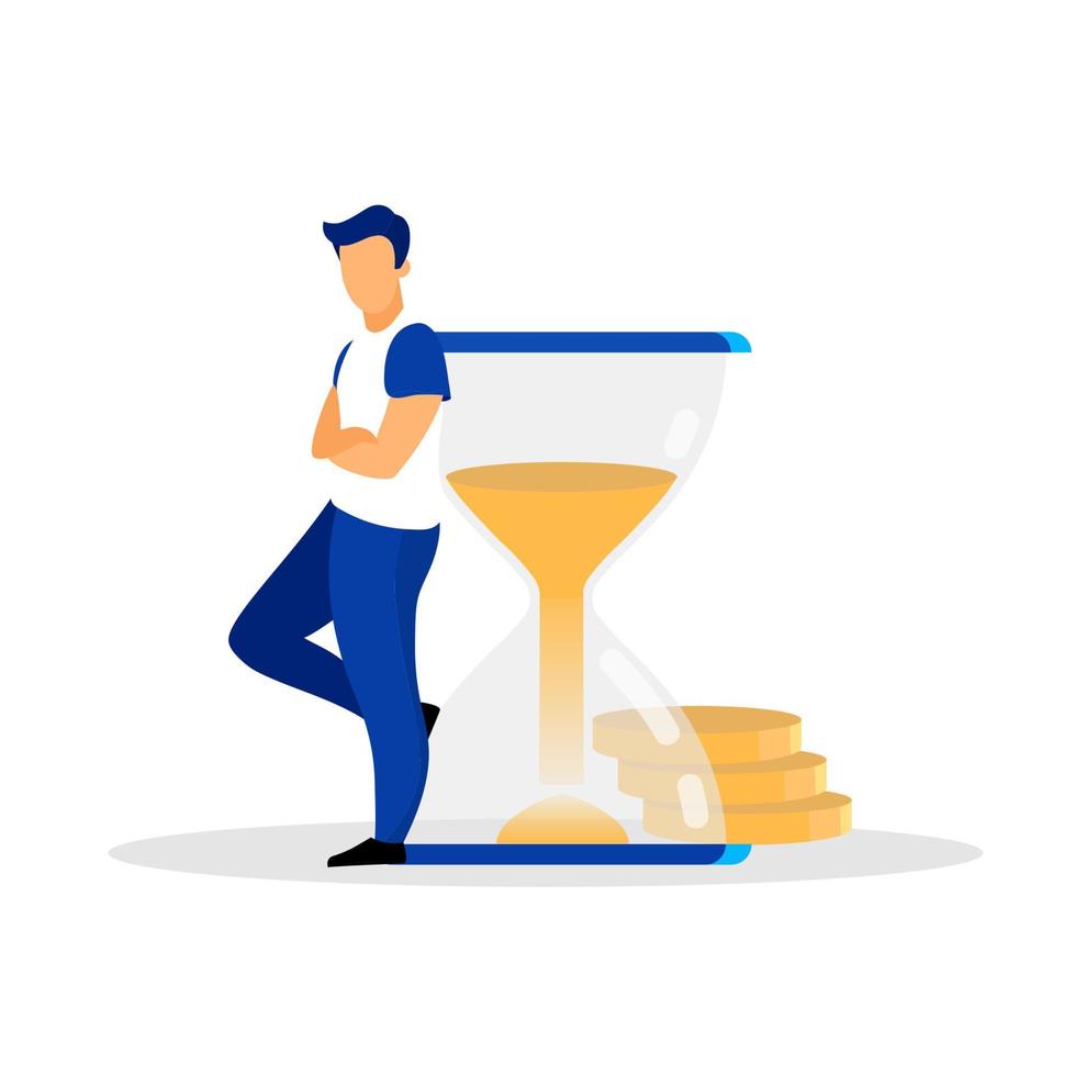 Man, person, human, banker, businessman, male, adult leaning on sandglass flat vector illustration. Isolated cartoon character on white background. Deadline, timeliness. Effective time management