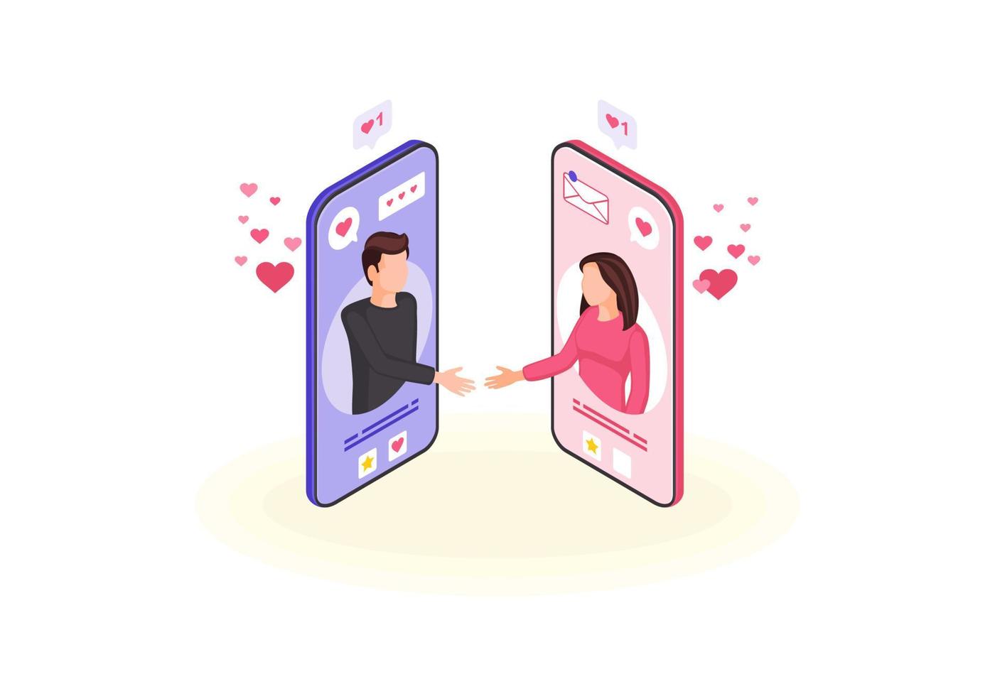 Online chatting isometric vector illustration. Virtual handshake via smartphone. Person social network profile. Messaging, online dating. Socializing 3d concept. Smartphone webpage, mobile app design