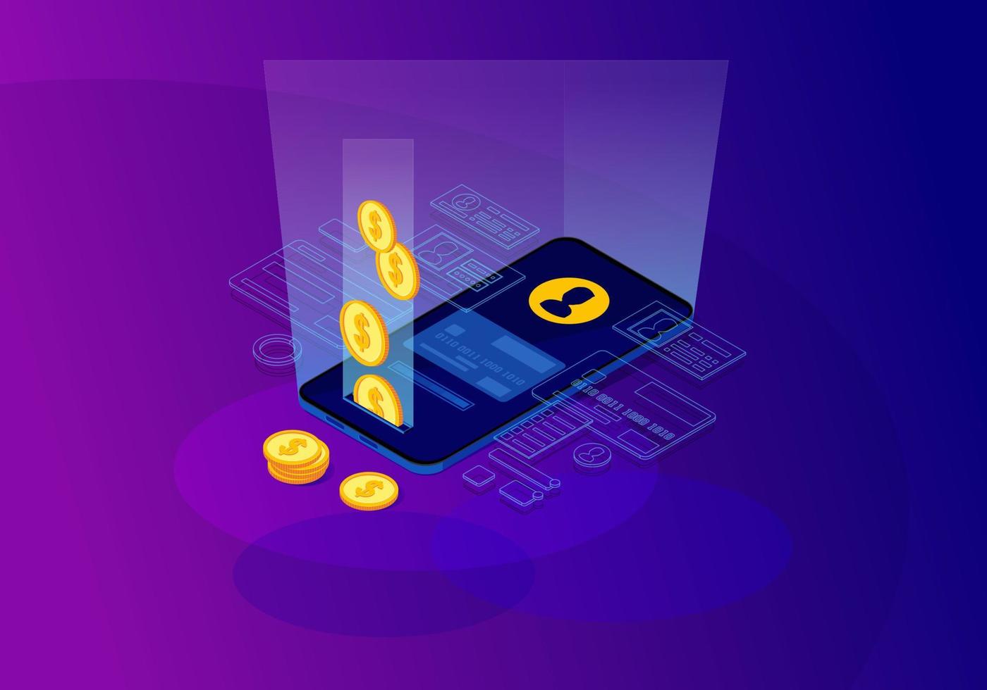 Online money transfer isometric color vector illustration. Financial transaction. E-payment. Mobile banking. Payment system user account. Send money. Electronic bill. Webpage, mobile app 3d concept