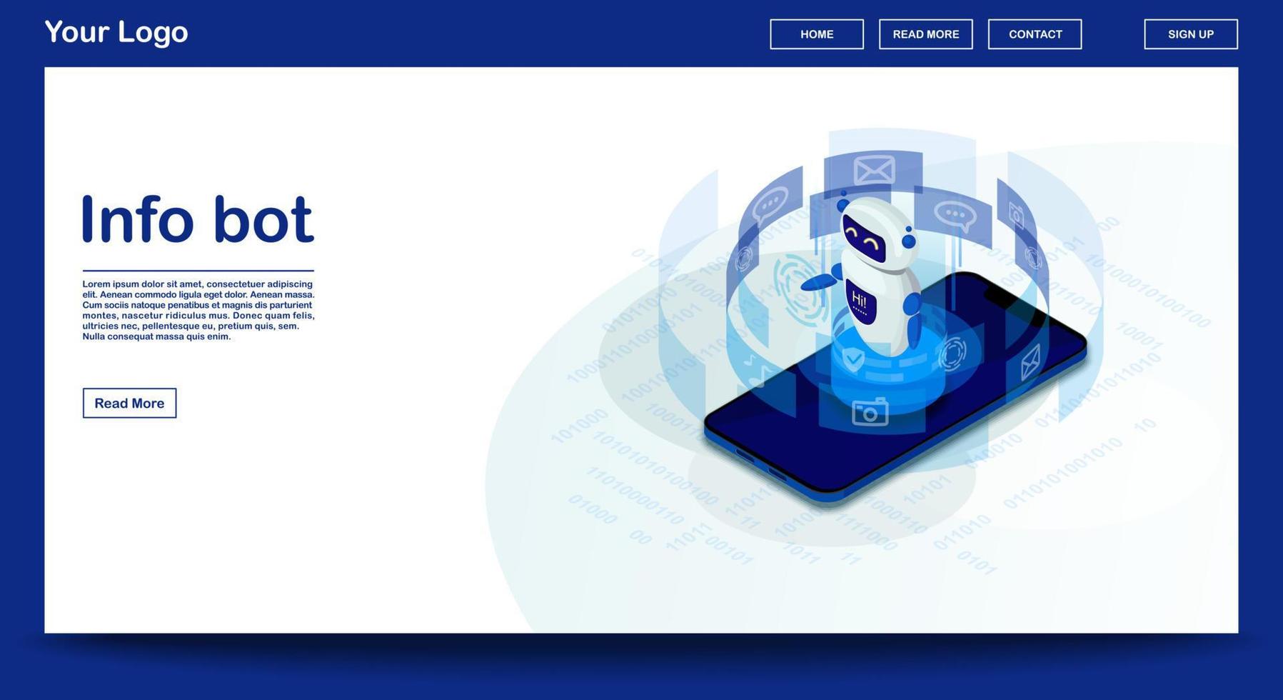 Plantilla de vector de página web chatbot con ilustración isométrica. diseño de interfaz de sitio web. bot de información que recibe mensajes de clientes. ai y negocios. Atención al cliente. concepto 3d de iot. diseño de aplicaciones móviles