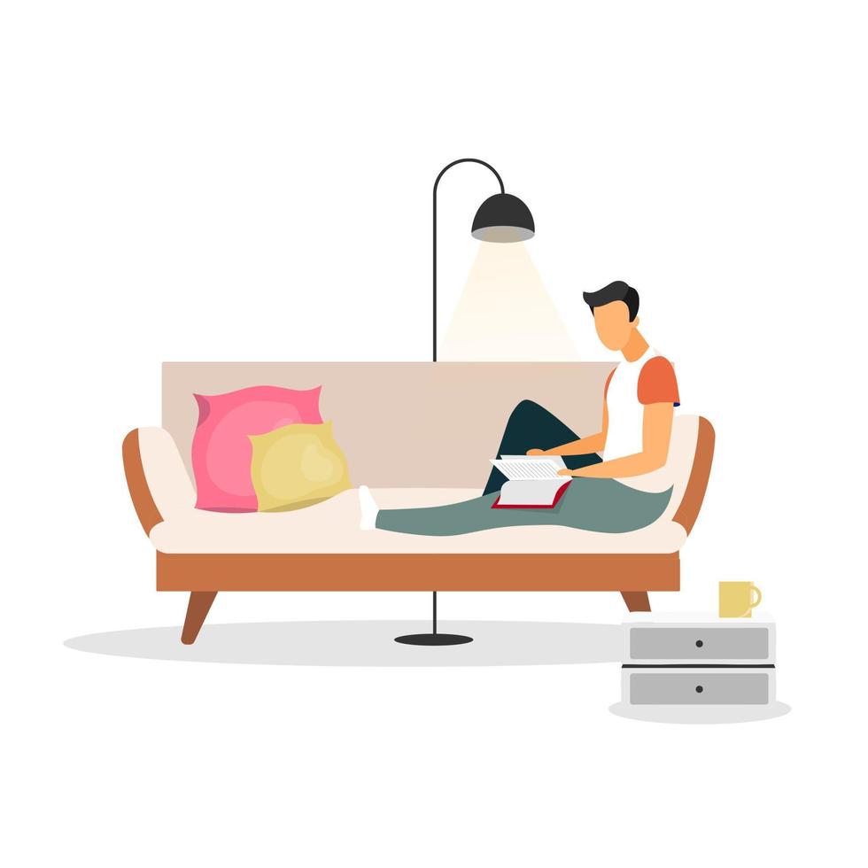 Man, entrepreneur, manager, businessman, male reading book flat vector illustration. Isolated cartoon character on white background. Pastime, leisure. Person sitting on sofa, relaxing with night lamp