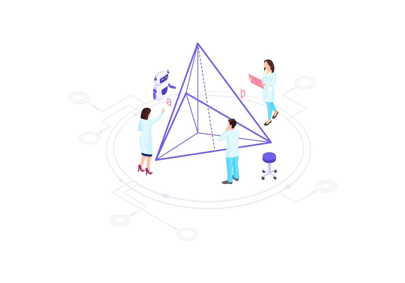 Scientists, mathematicians, academics, research workers isometric vector illustration. People solving geometrical task infographic. Triangle 3d concept. Futuristic technology, algorithm element