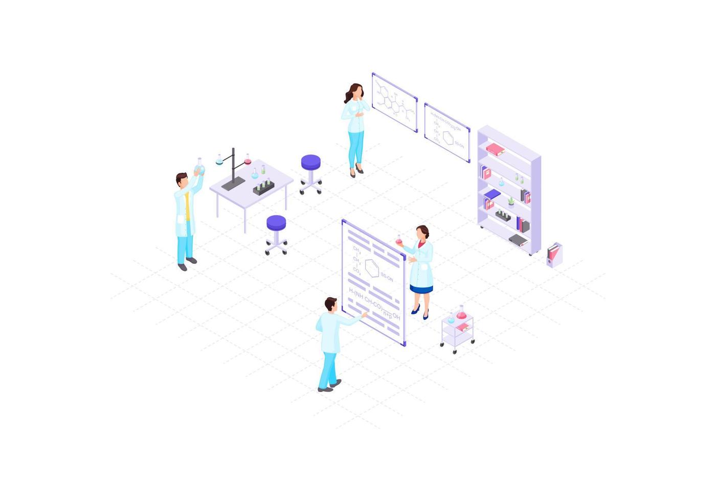 Scientists, chemists, academics, research workers isometric color vector illustration. People making experiments infographic. Scientific lab 3d concept. biochemistry, biotechnology design element