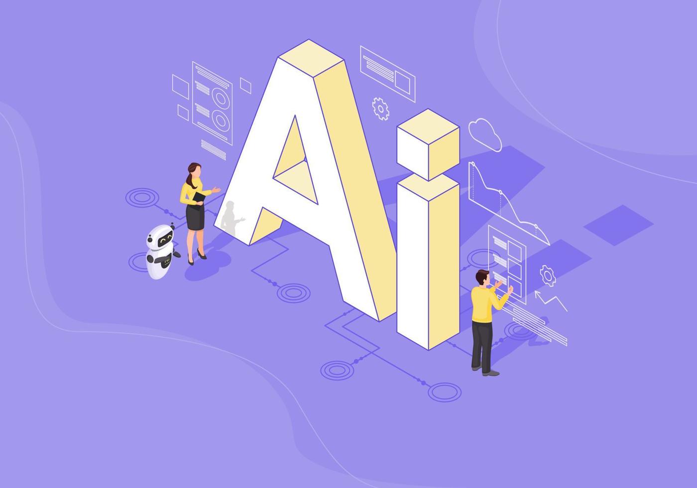 AI isometric color vector illustration. Artificial intelligence infographic. Client use chat bot. Website assistance. Teacherbot. Future marketing. Technical support. Webpage, mobile app 3d concept