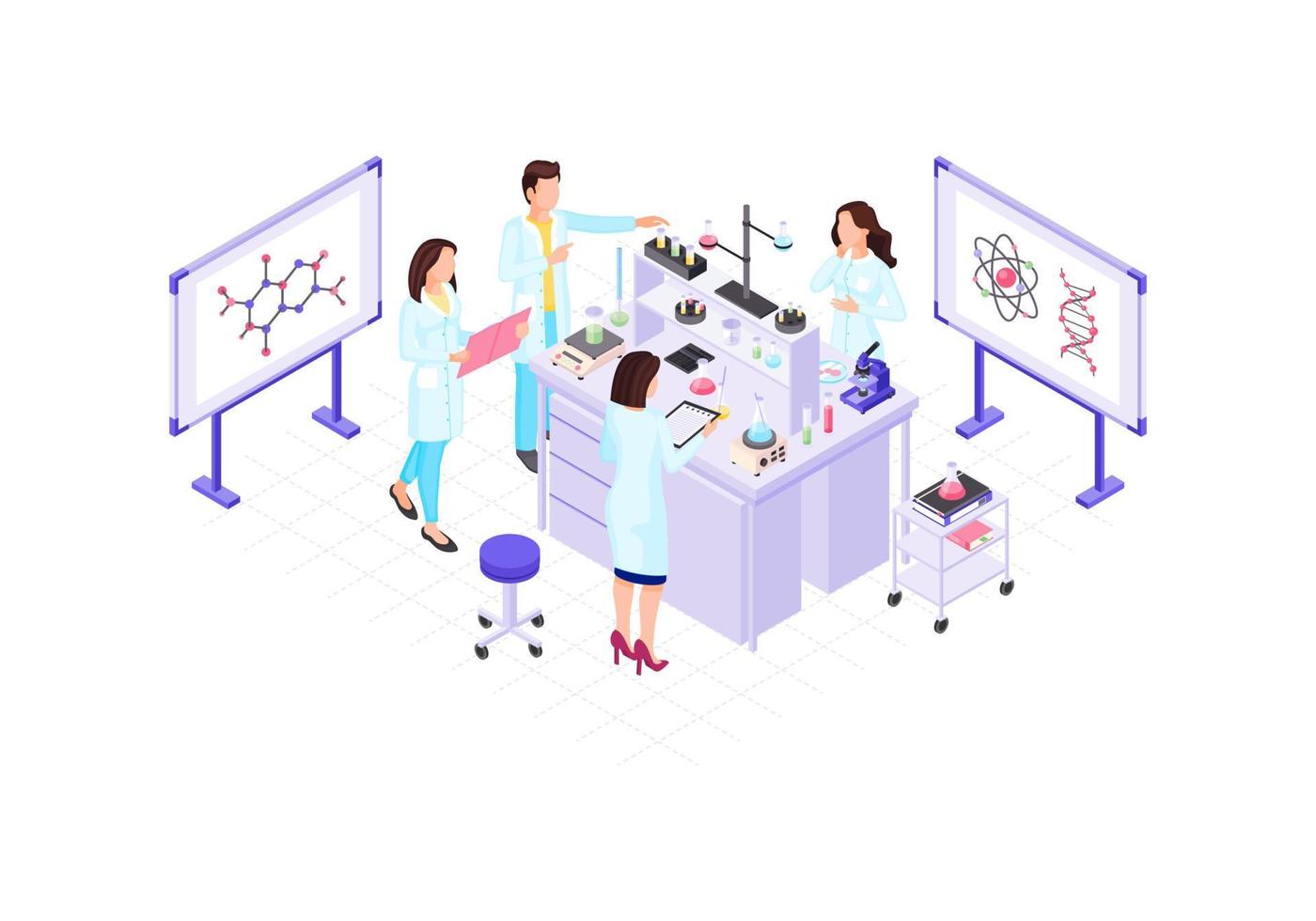 Scientists, chemists, geneticist, research worker isometric color vector illustration. DNA helix, chemical bond, atom infographic. Genetics, biotechnology research, laboratory experiment 3d concept