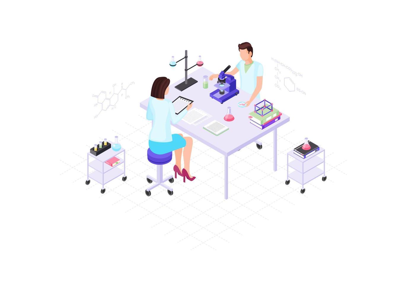 Scientists, chemists, biologists, research workers isometric color vector illustration. People doing chemical experiment infographic. Biotechnology, biochemical research laboratory 3d concept