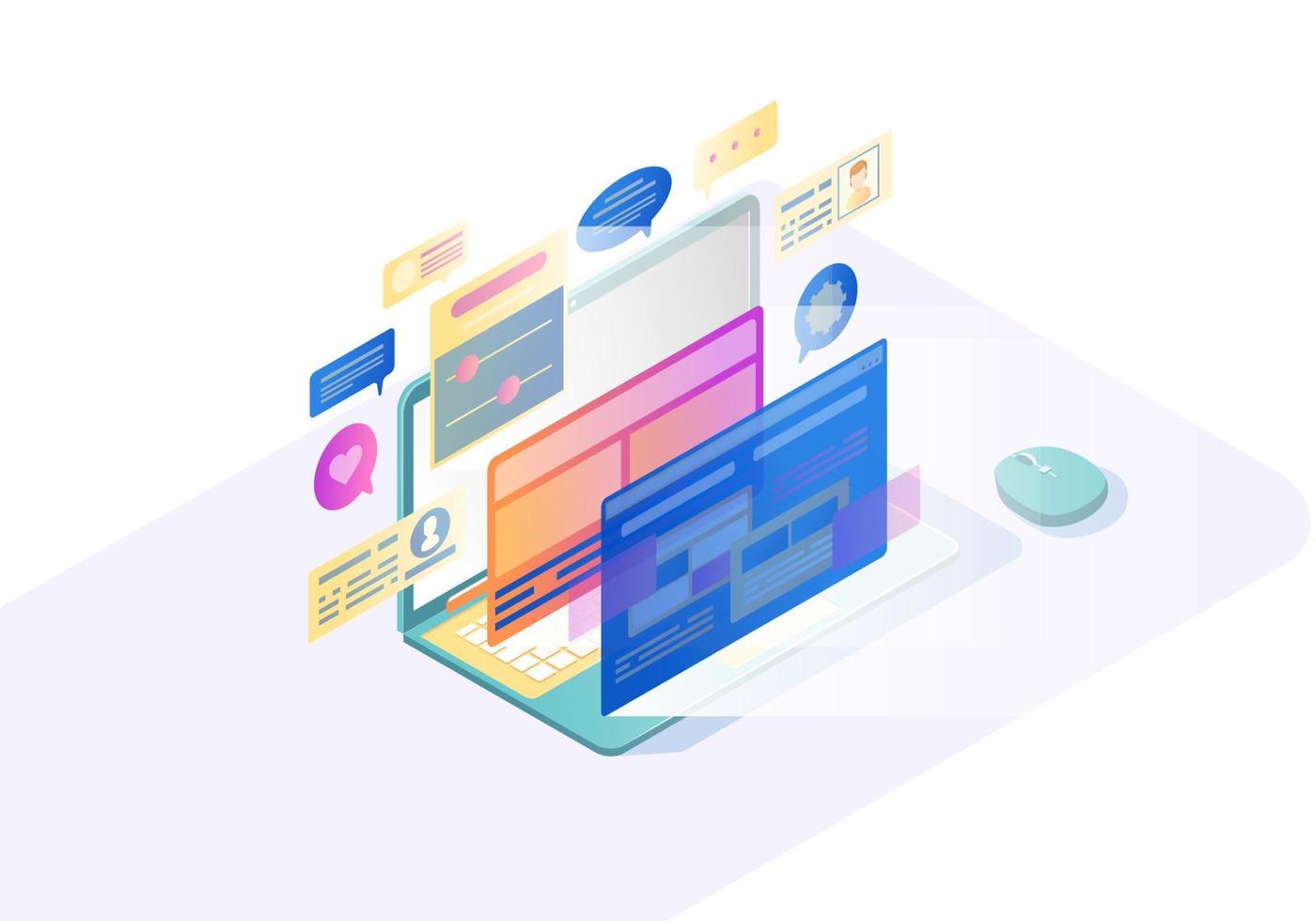 Laptop UI isometric vector illustration. Software development. Futuristic digital technology. Responsive web design 3d concept. Virtual screens. Augmented reality. Web banner, page, presentation idea