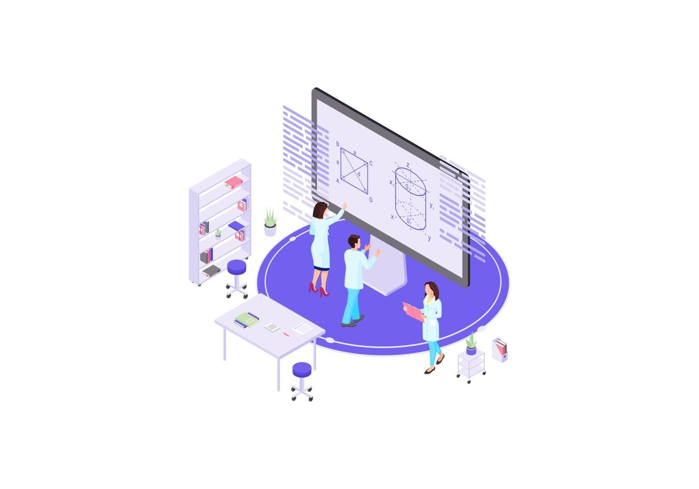 científicos, matemáticos, académicos ilustración de vector de color isométrico. cálculos en infografía de pizarra. Concepto 3d de laboratorio científico. geometría, elemento de diseño matemático.