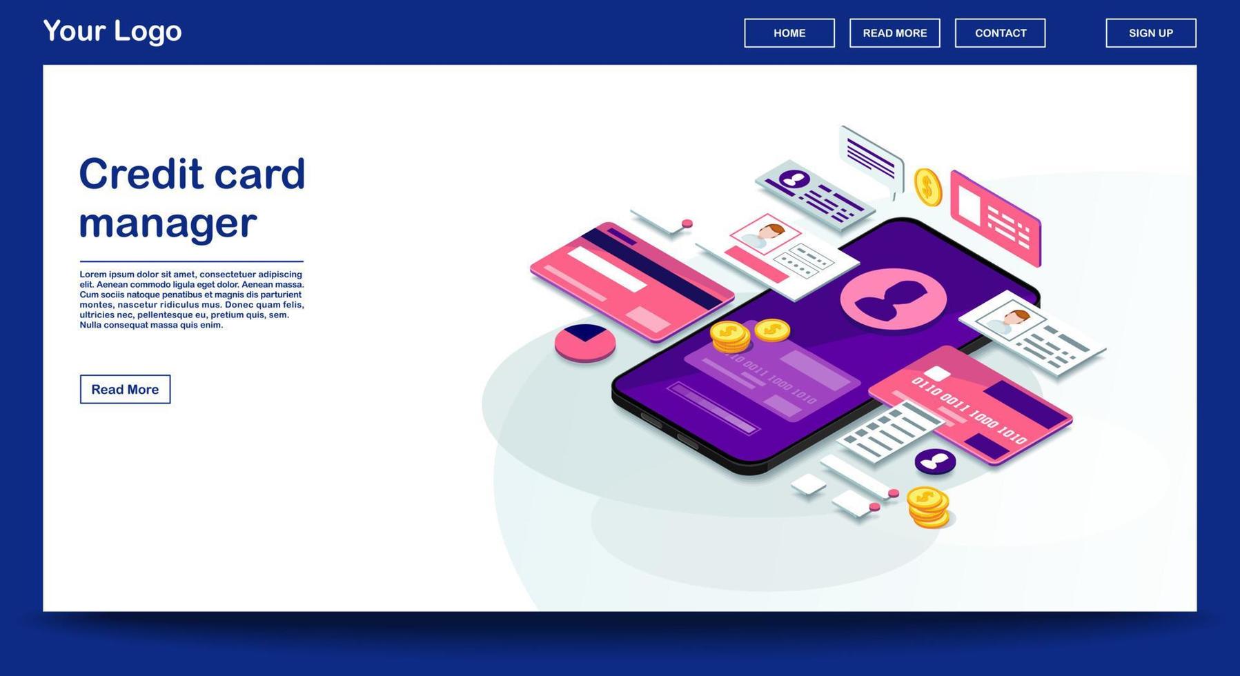 Credit card manager webpage vector template with isometric illustration. Website interface design. E-payment. Online bank transactions. Financial management. Webpage, mobile app 3d concept