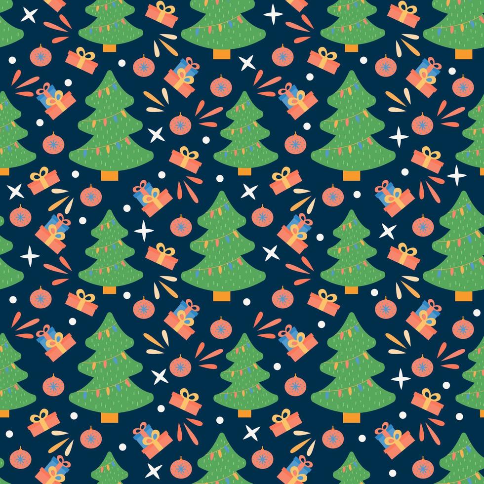 Feliz Navidad y feliz año nuevo lindo patrón sin costuras con ilustración de vector de invierno de vacaciones de árbol de Navidad para papel de regalo o textil festivo