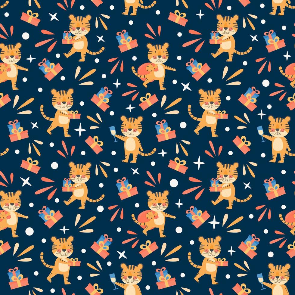 Merry Christmas and Happy New Year seamless pattern with cute tigers symbol 2022 year and present box Holiday winter vector illustration for wrapping paper or festive textile