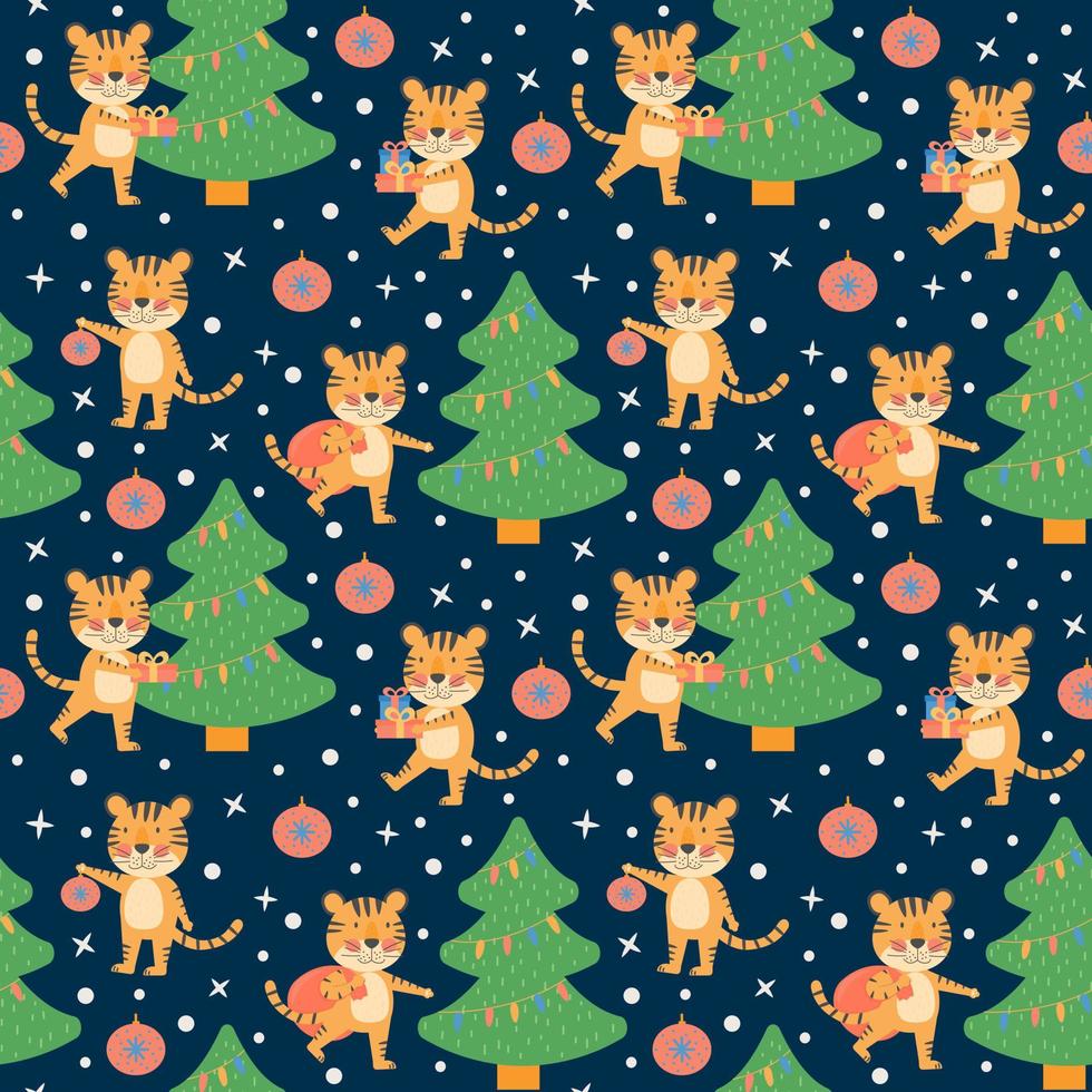 Merry Christmas and Happy New Year seamless pattern with cute tigers vector