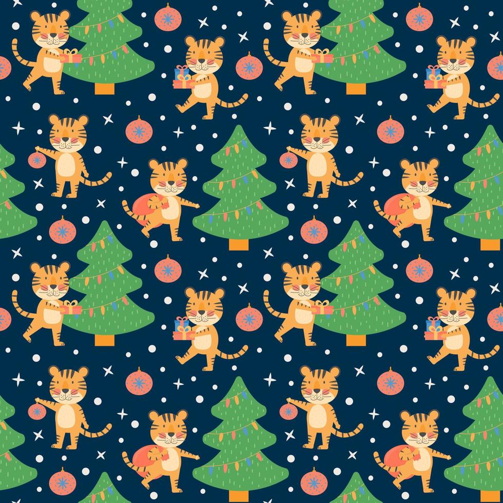 Merry Christmas and Happy New Year seamless pattern with cute tigers vector