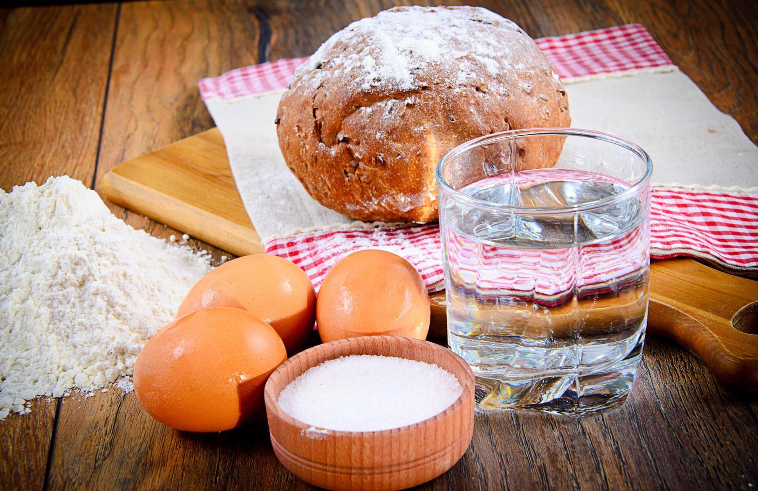 Bread, flour, egg, water. Baking. photo