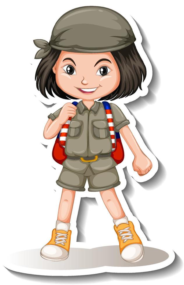 Girl in safari outfit cartoon character sticker vector