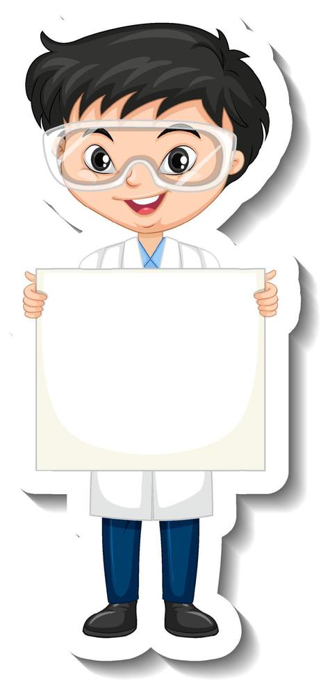 Scientist boy holding empty board in sticker style vector