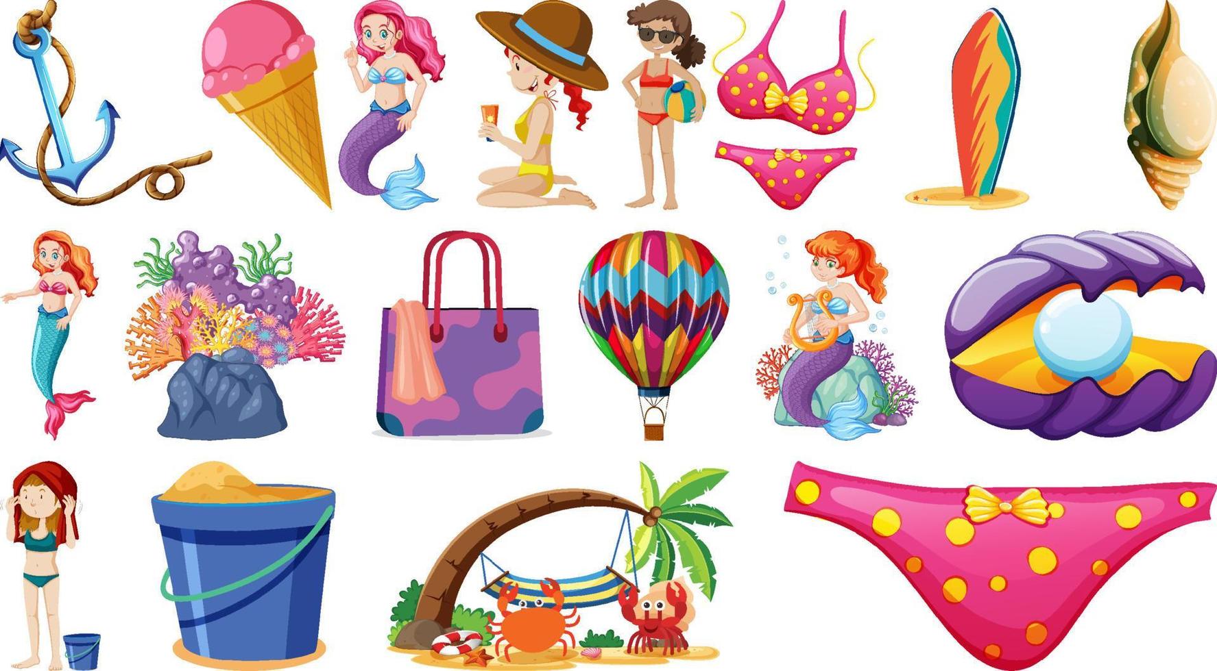 conjunto de objetos de playa de verano y personajes de dibujos animados vector