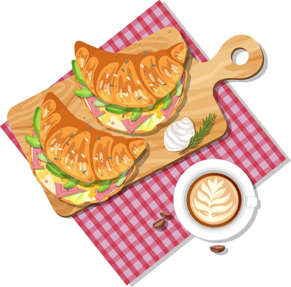 Desayuno con sándwich de croissant una taza de café aislado vector