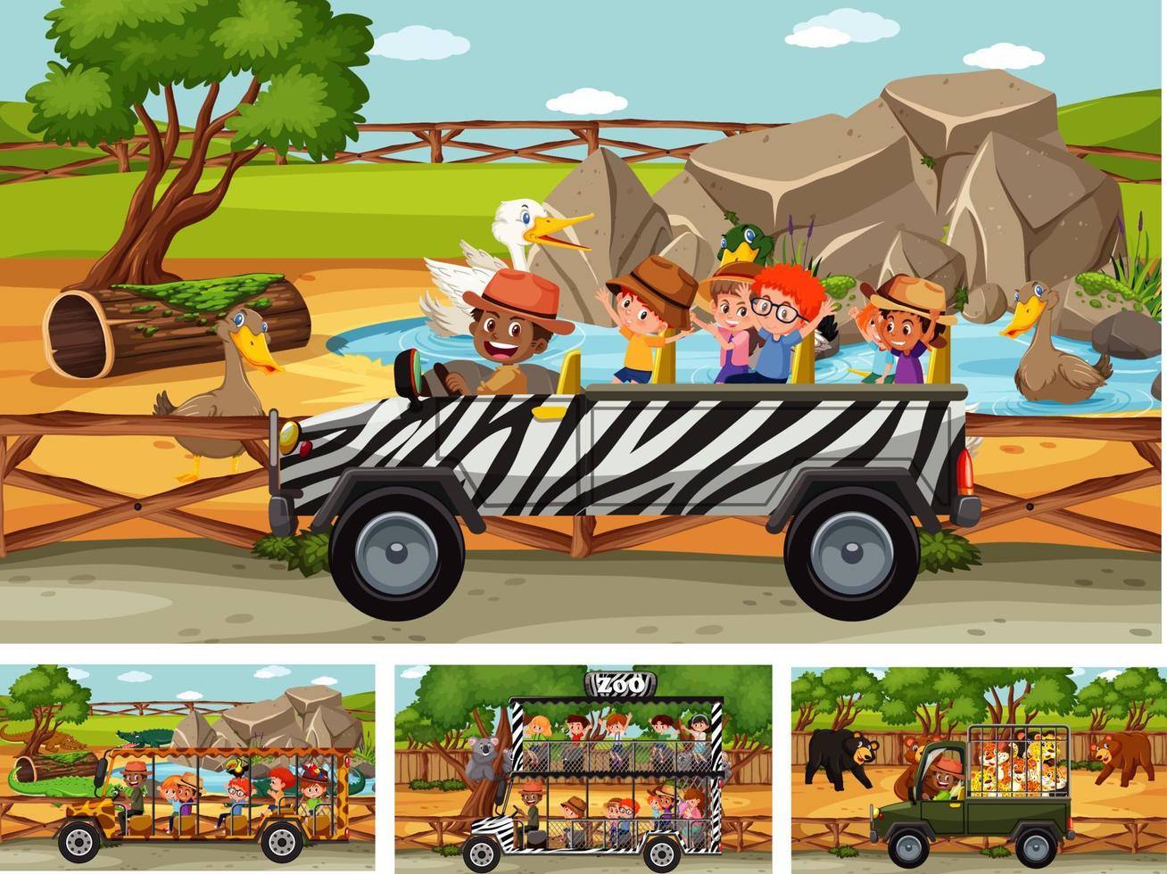 Different safari scenes with animals and kids cartoon character vector