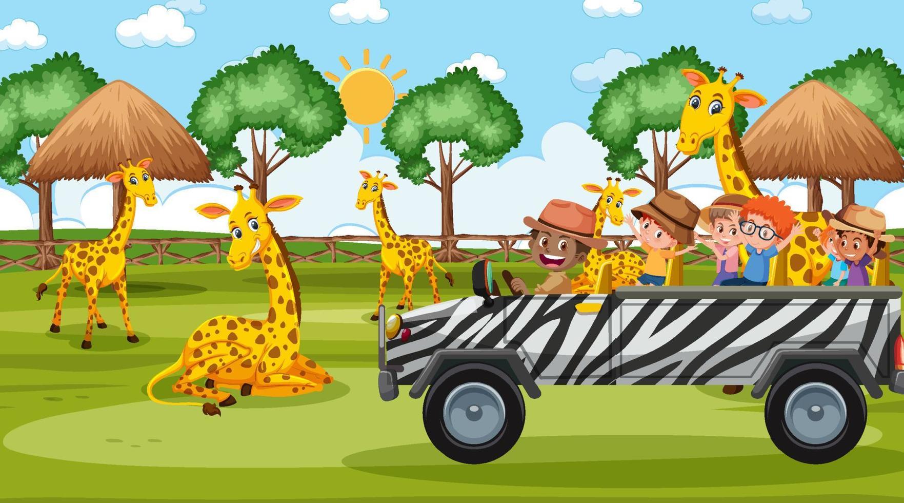 Safari at daytime scene with children watching giraffe group vector