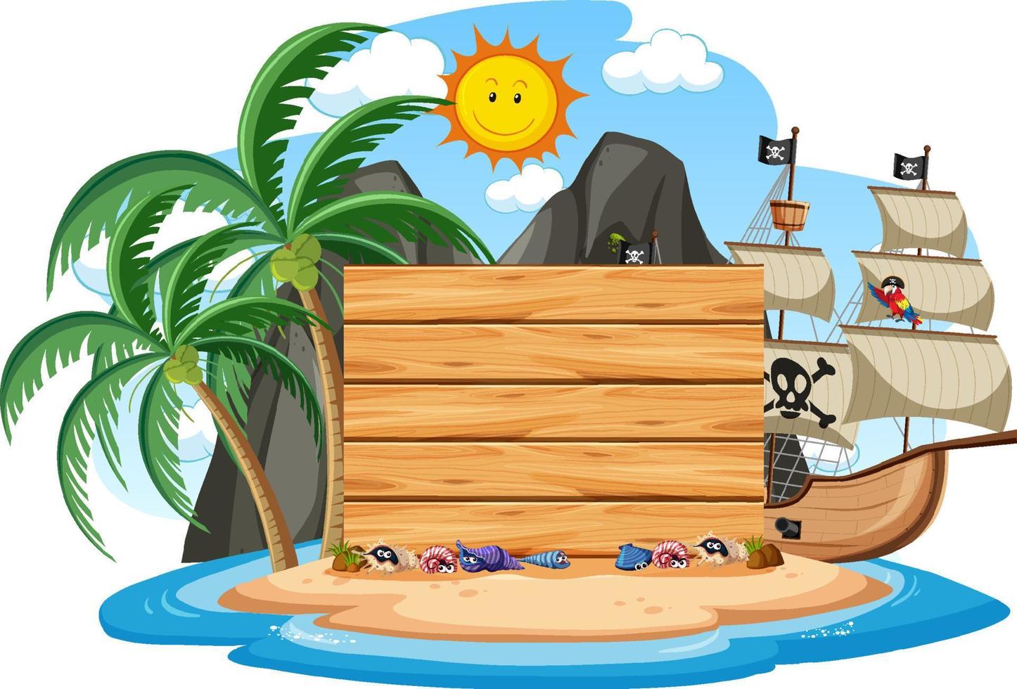 Isla pirata con un banner vacío aislado sobre fondo blanco. vector