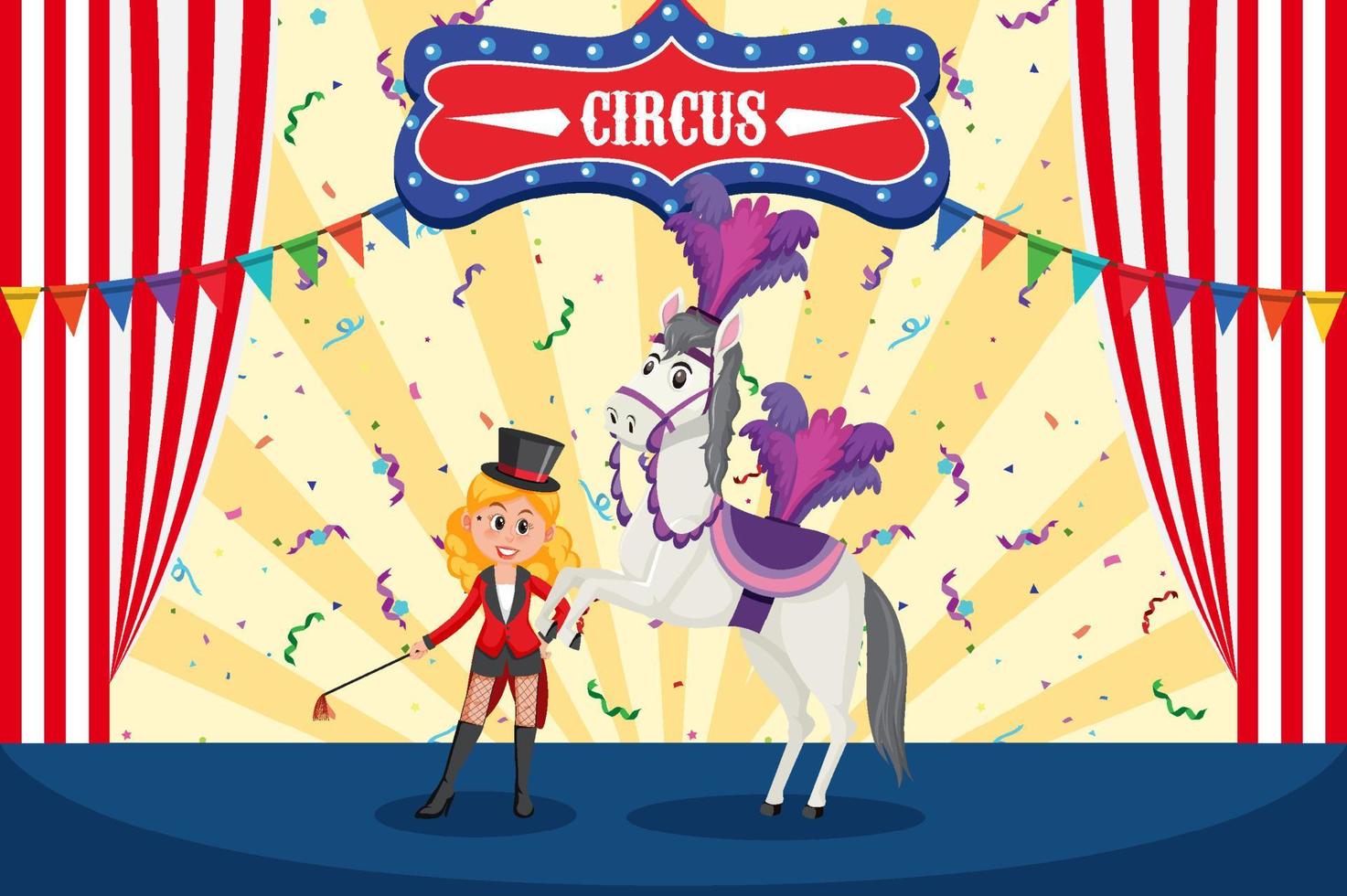 Magician girl and horse performance on stage vector