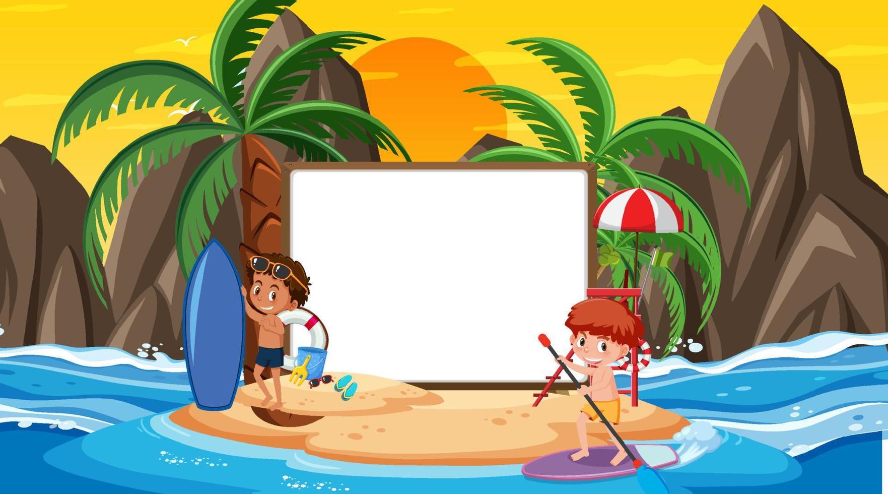 Plantilla de banner vacío con niños de vacaciones en la escena del atardecer en la playa vector