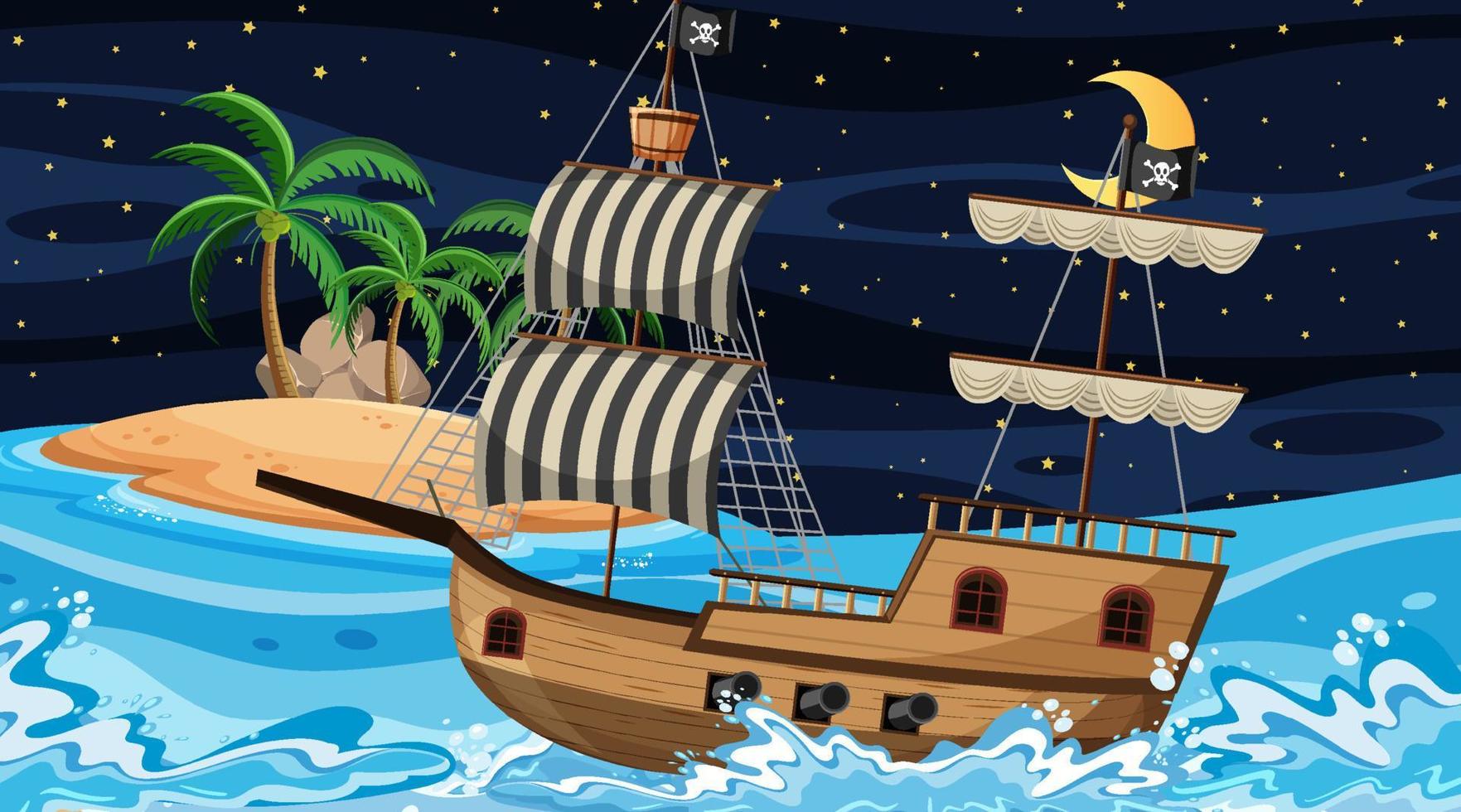 Ocean with Pirate ship at night scene in cartoon style vector