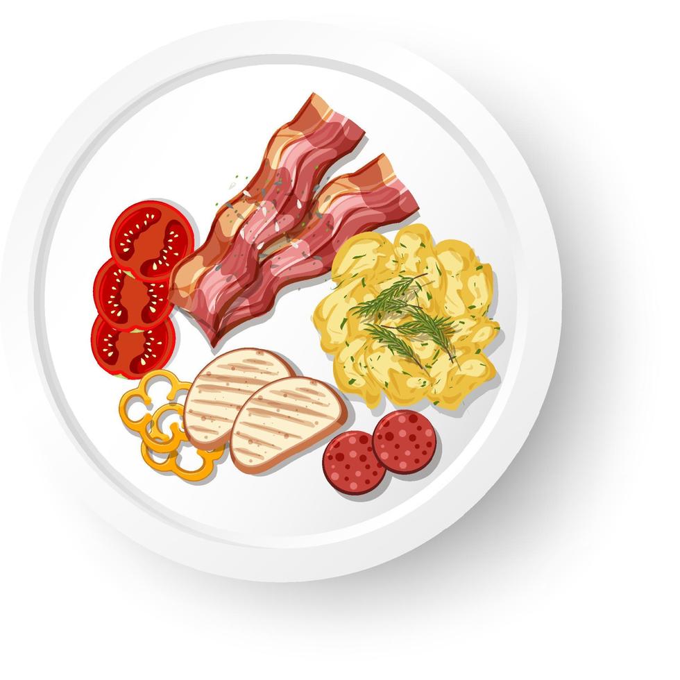 desayuno con huevos revueltos y tocino vector