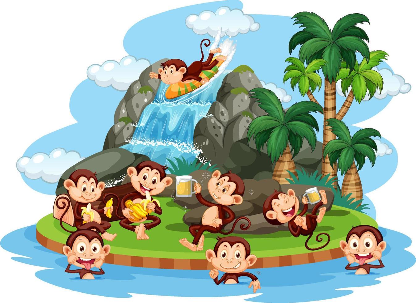 Isolated island with many monkeys cartoon character vector