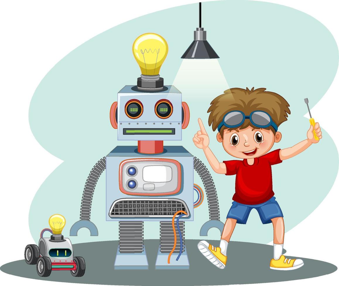 Young boy fixing a robot vector