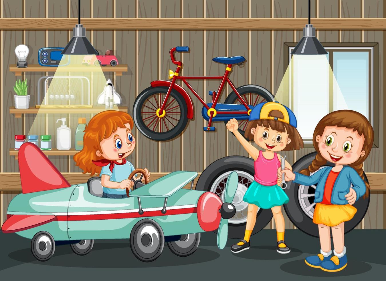 Escena de garaje con niños arreglando un coche juntos. vector