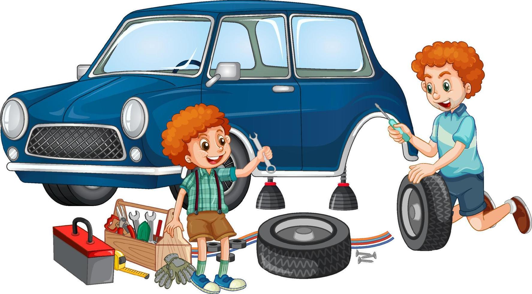 Dad and son fixing a car together on white background vector