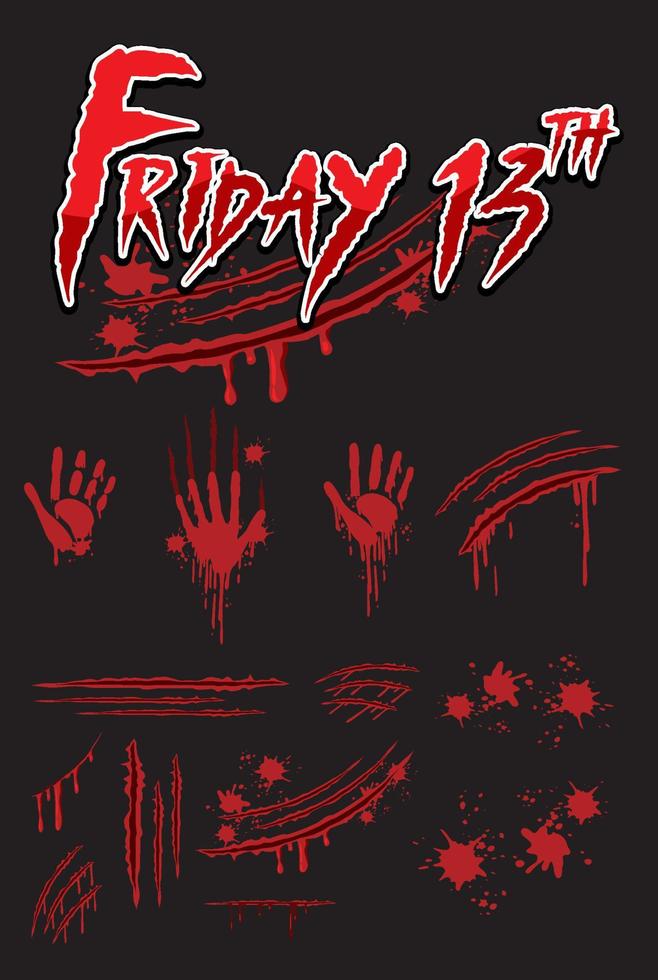 Friday 13th text design with bloody hand prints vector