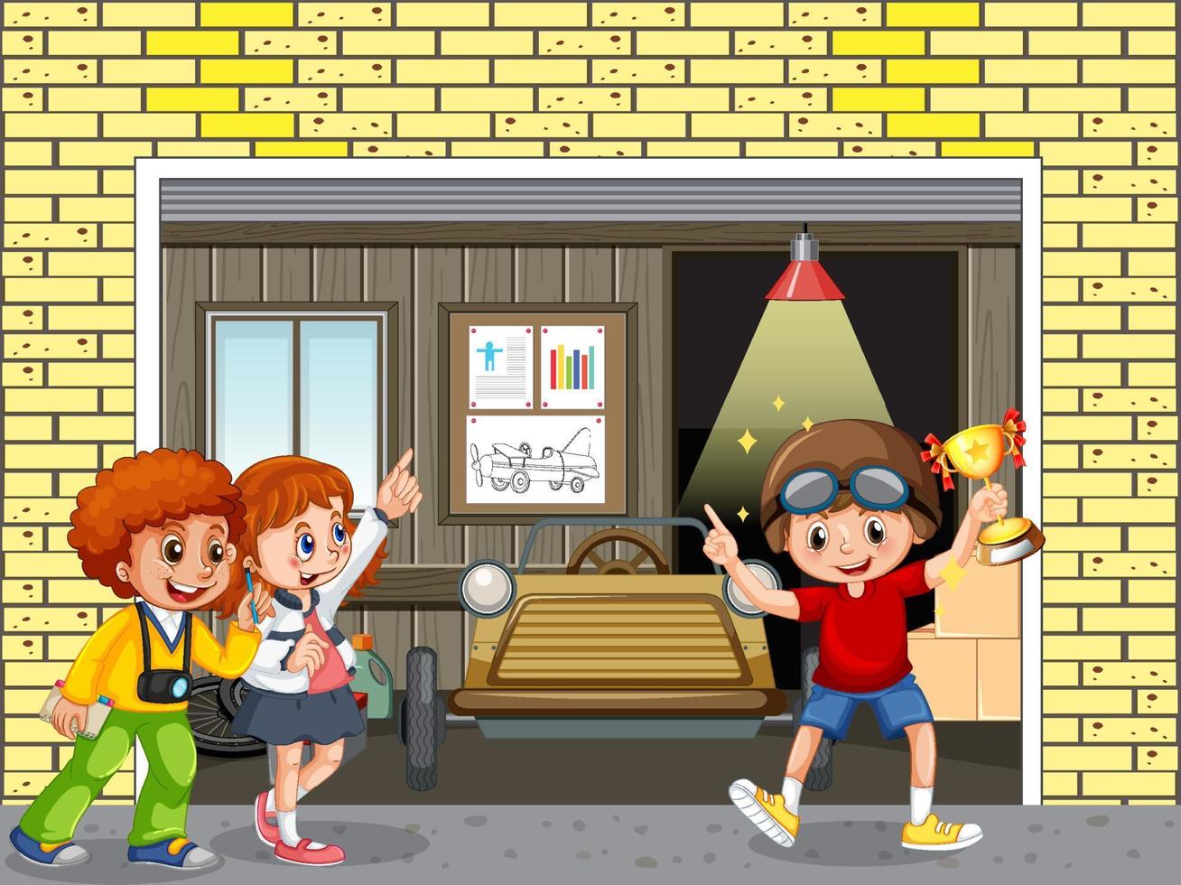 Garage scene with children fixing a car together vector