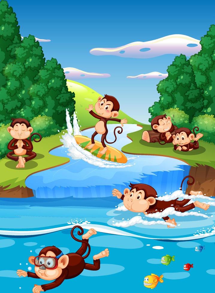 Forest river scene with monkey cartoon characters vector