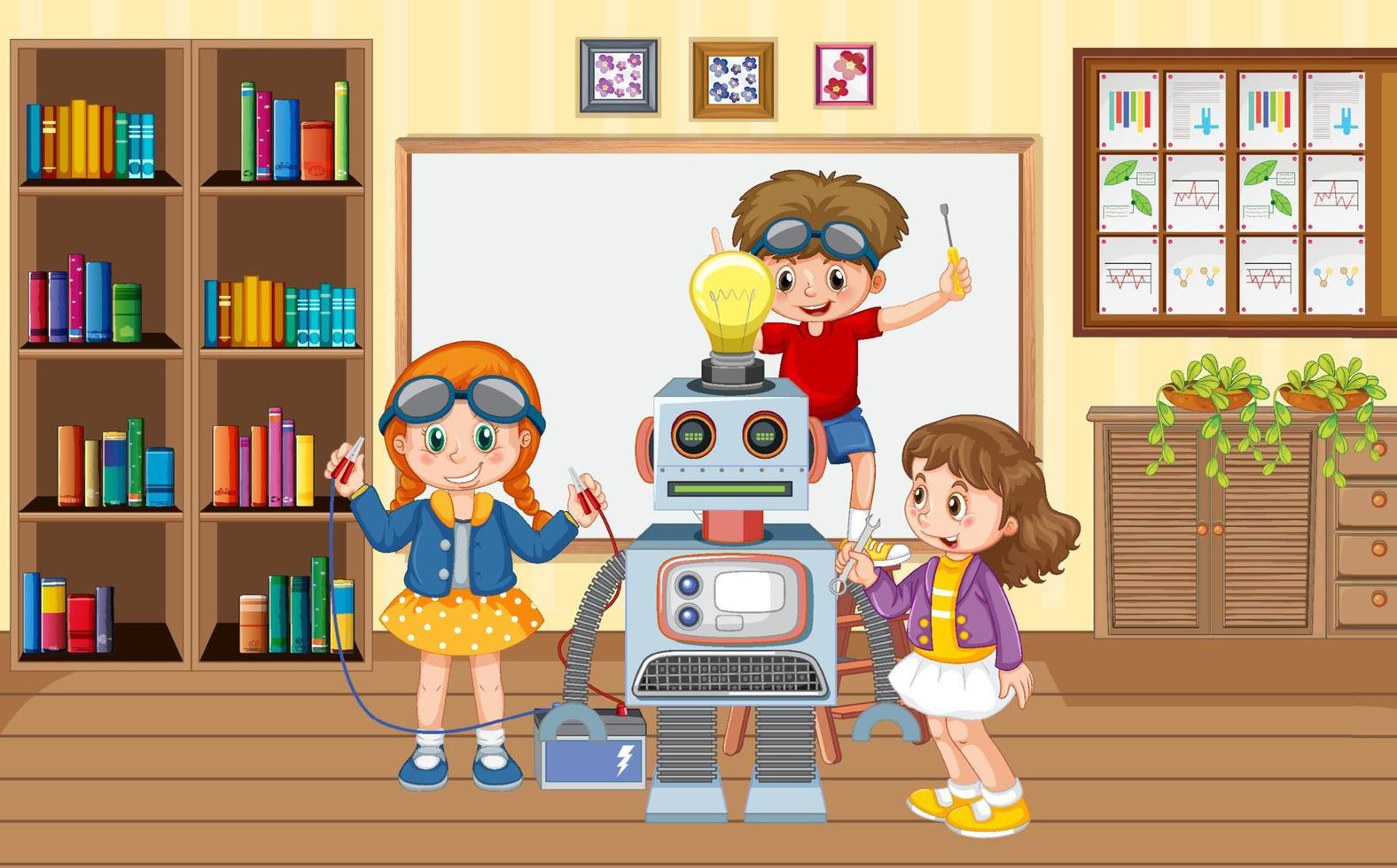 Children fixing a robot together in the room scene vector