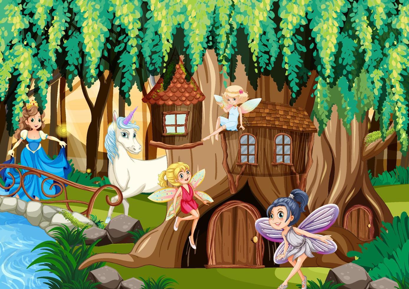 Fantasy forest with fairies and unicorn vector