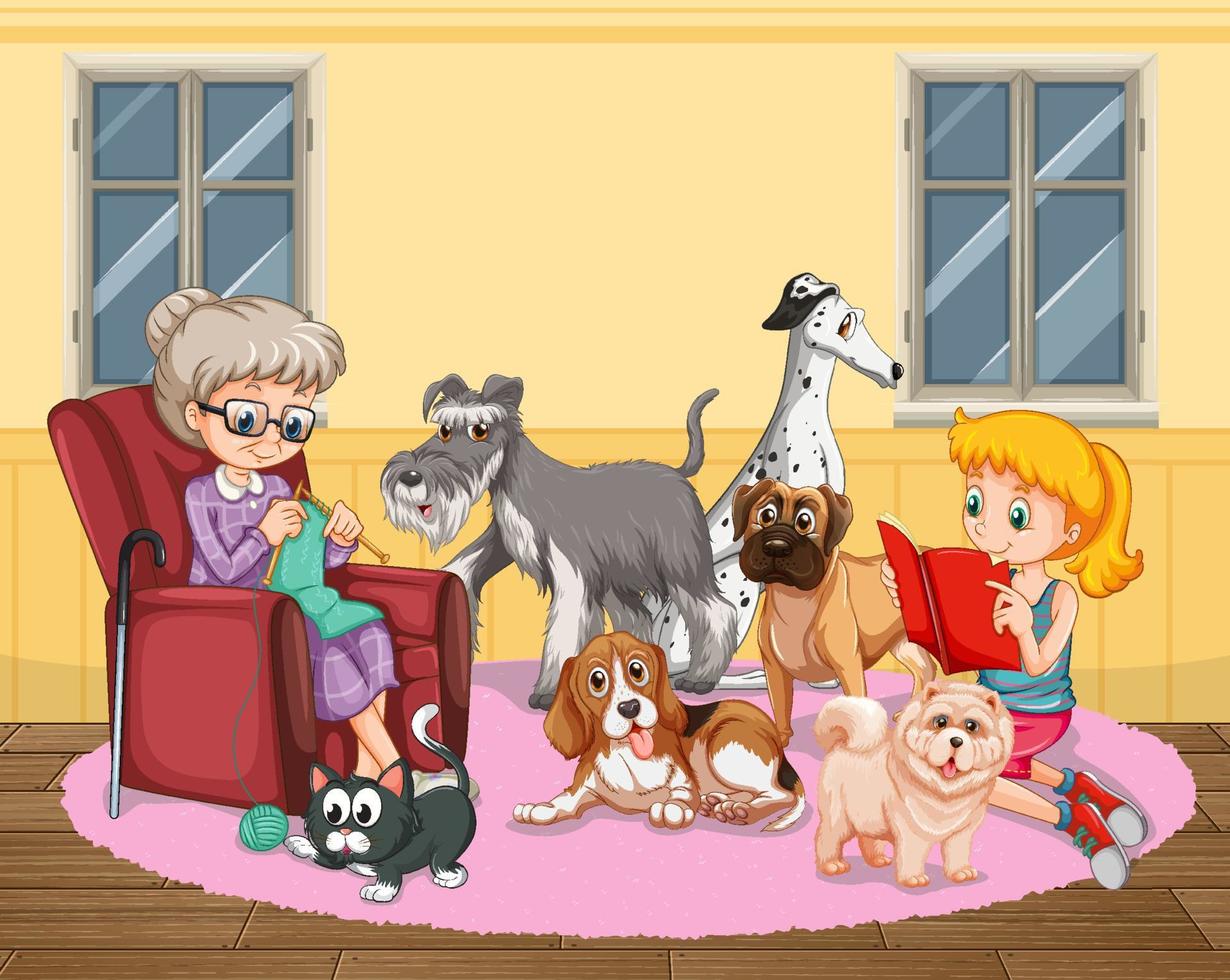 abuela tejiendo con muchos perros vector