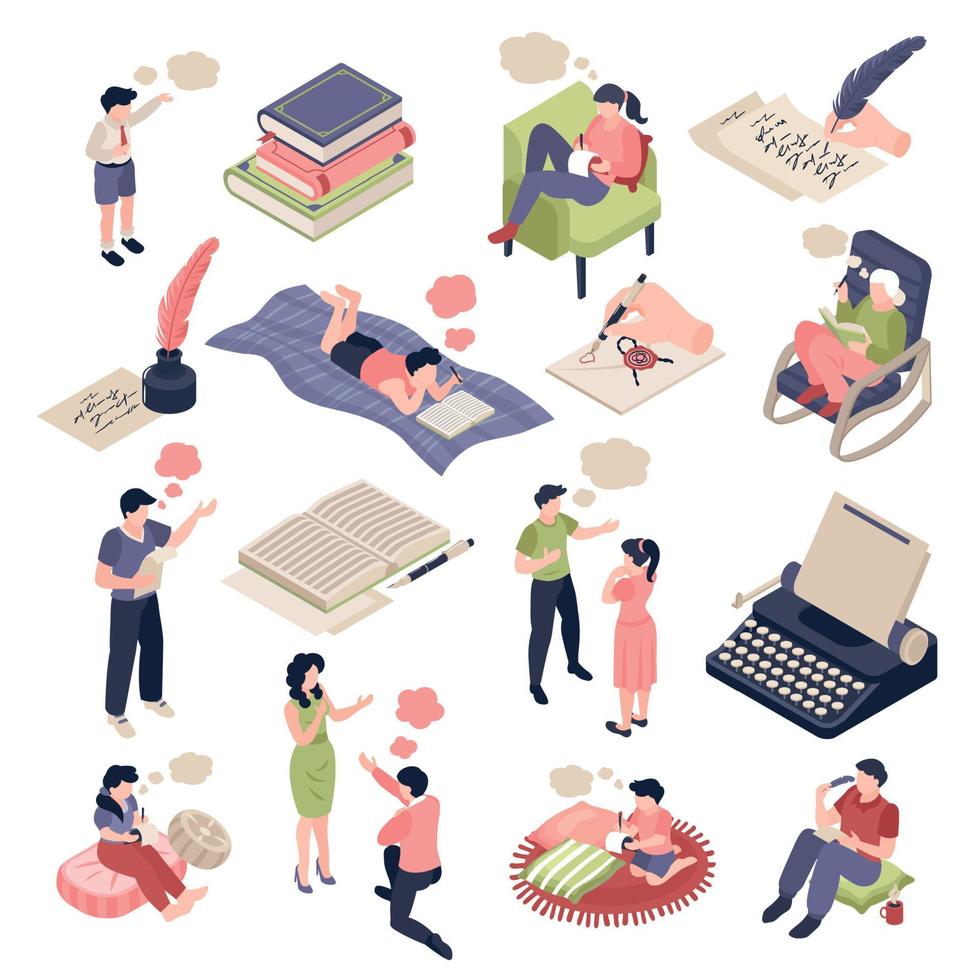 Poetry Isometric Icons Set vector