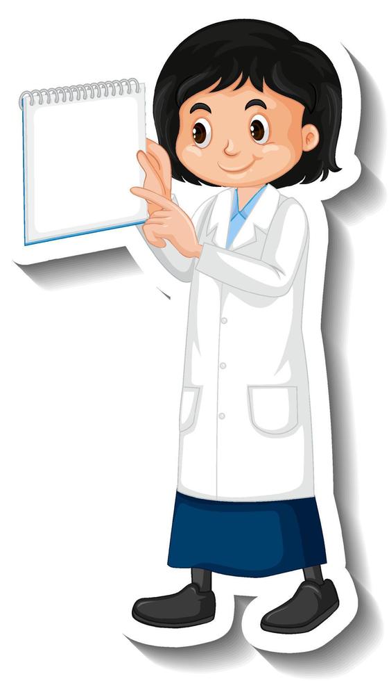 Scientist girl holding empty board cartoon character sticker vector