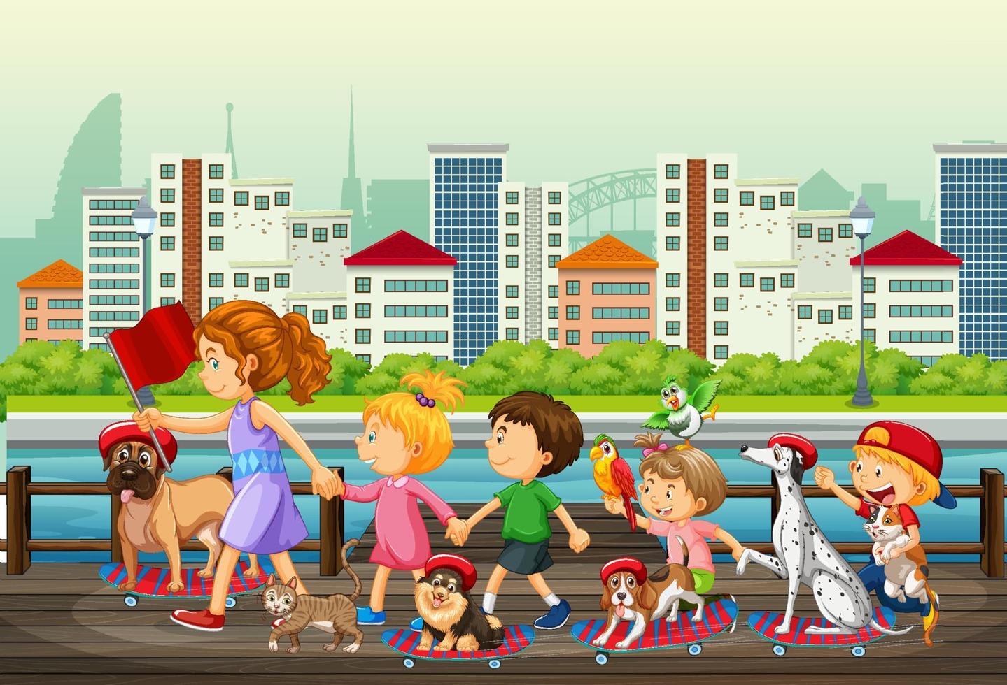 niños caminando con sus animales en la ciudad. vector