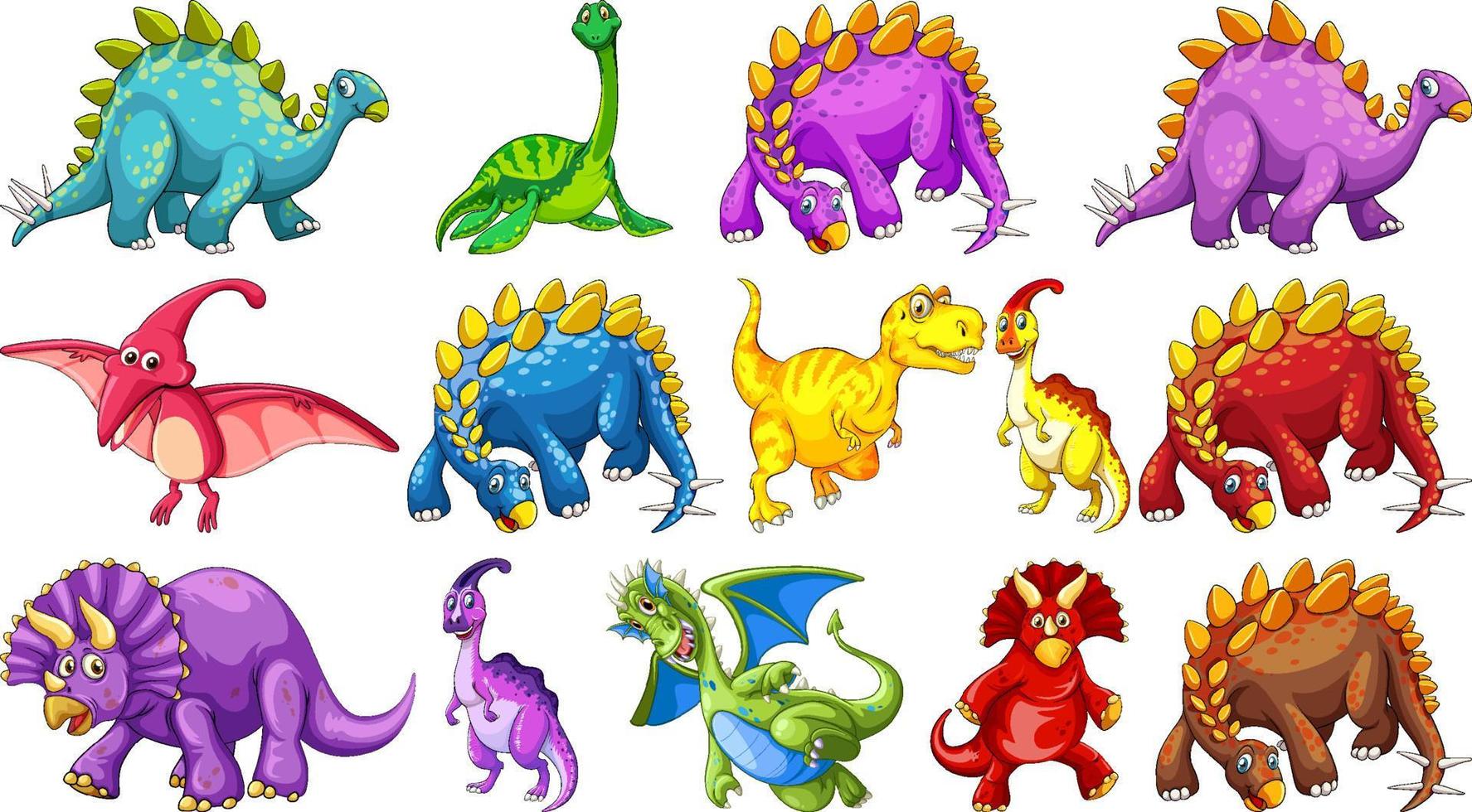 Diferentes personajes de dibujos animados de dinosaurios y dragones de fantasía aislados vector