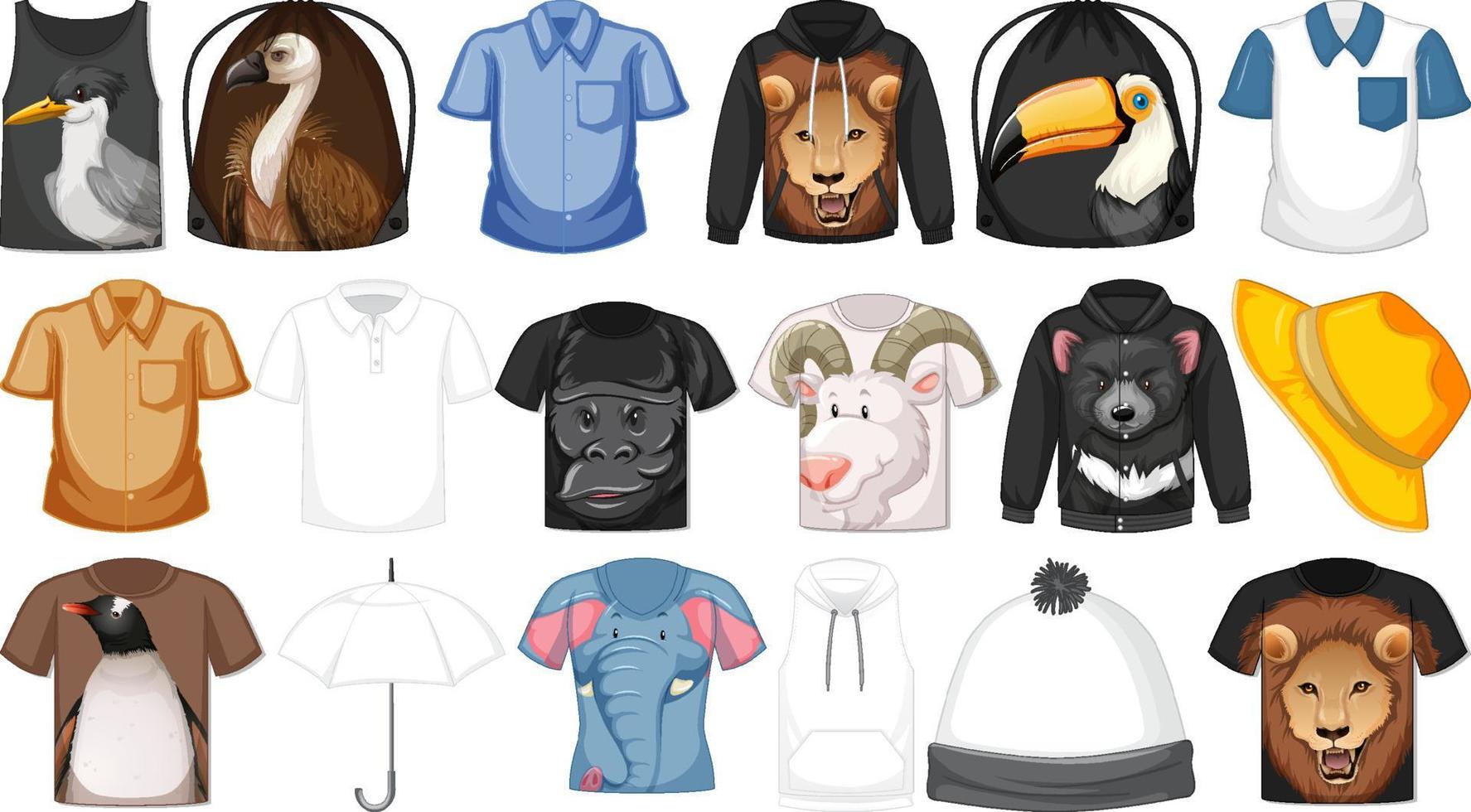 conjunto de diferentes camisetas y accesorios con estampados de animales. vector