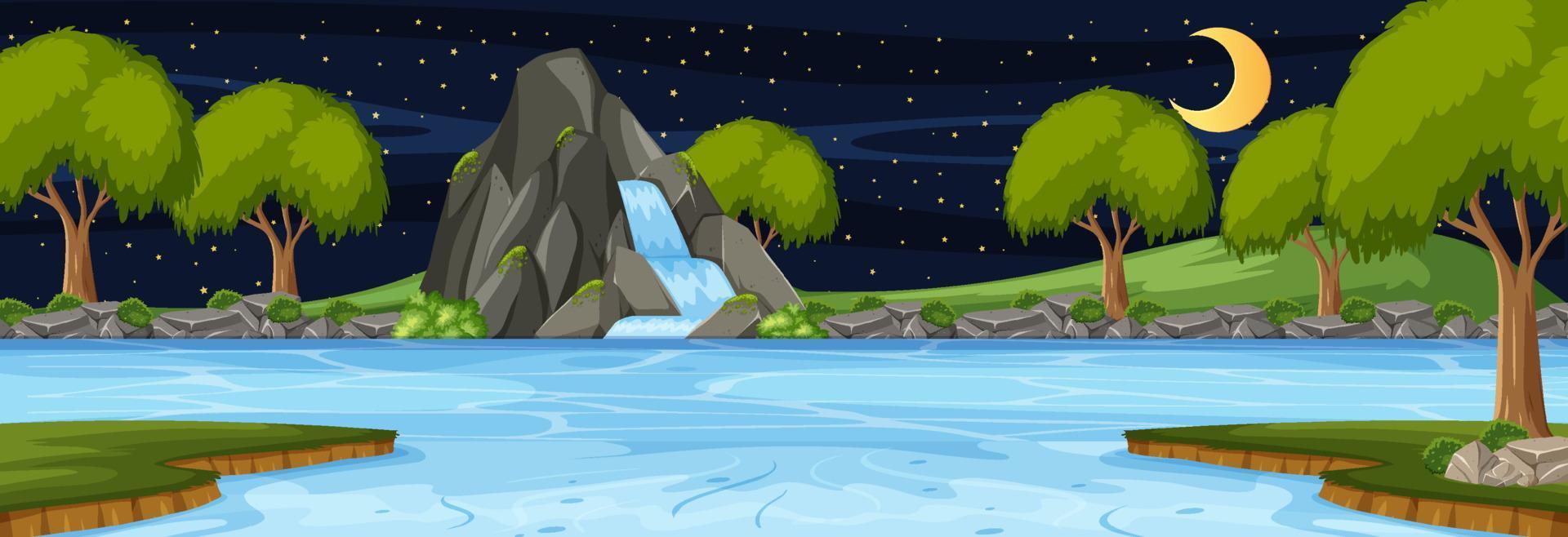 Forest horizontal scene at night with waterfall vector