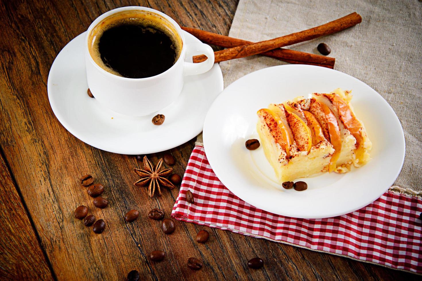 Coffee Cup with Apple Pie on Woody Backfround photo