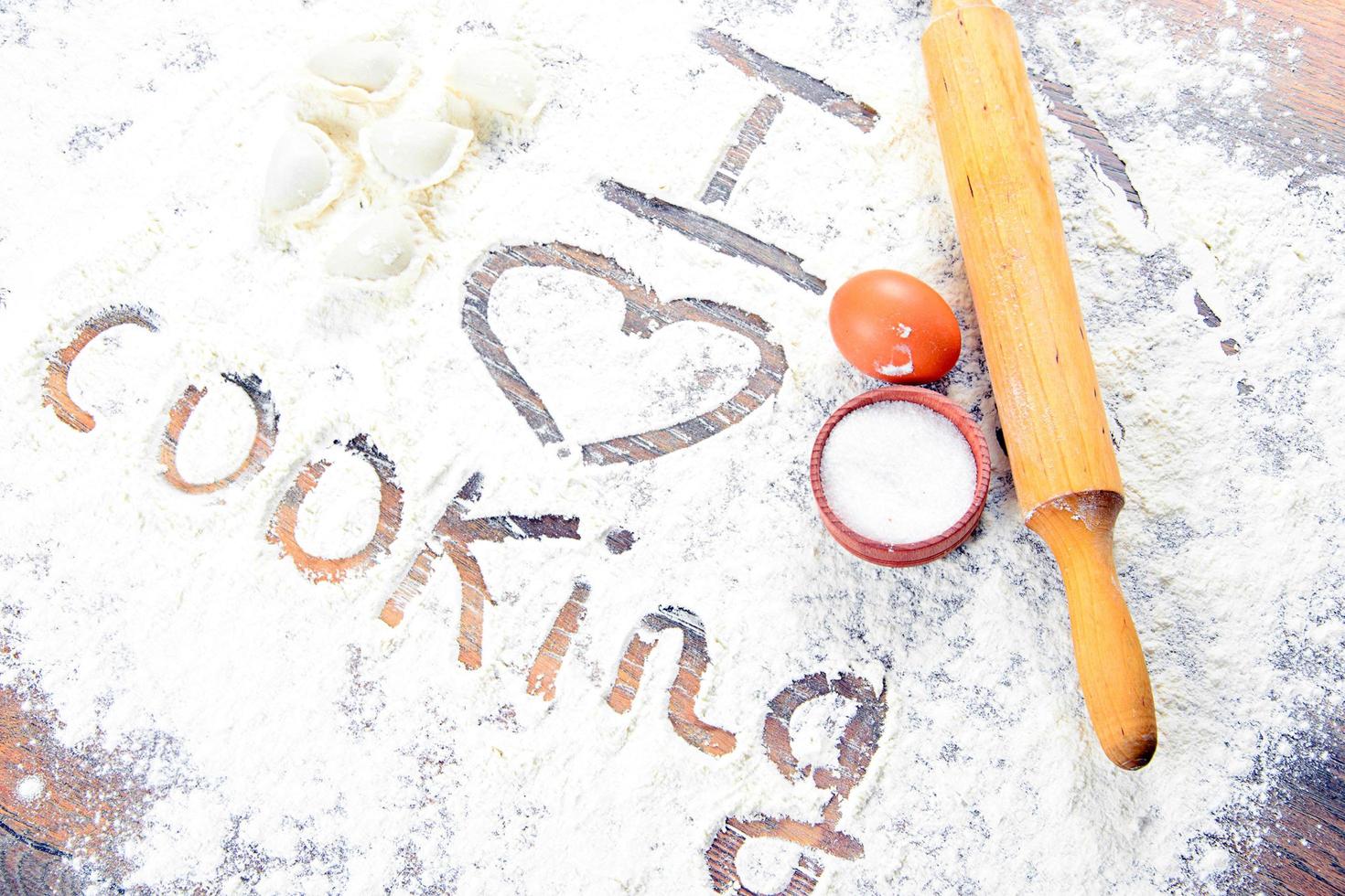 I Love Cooking Sign on Flour photo