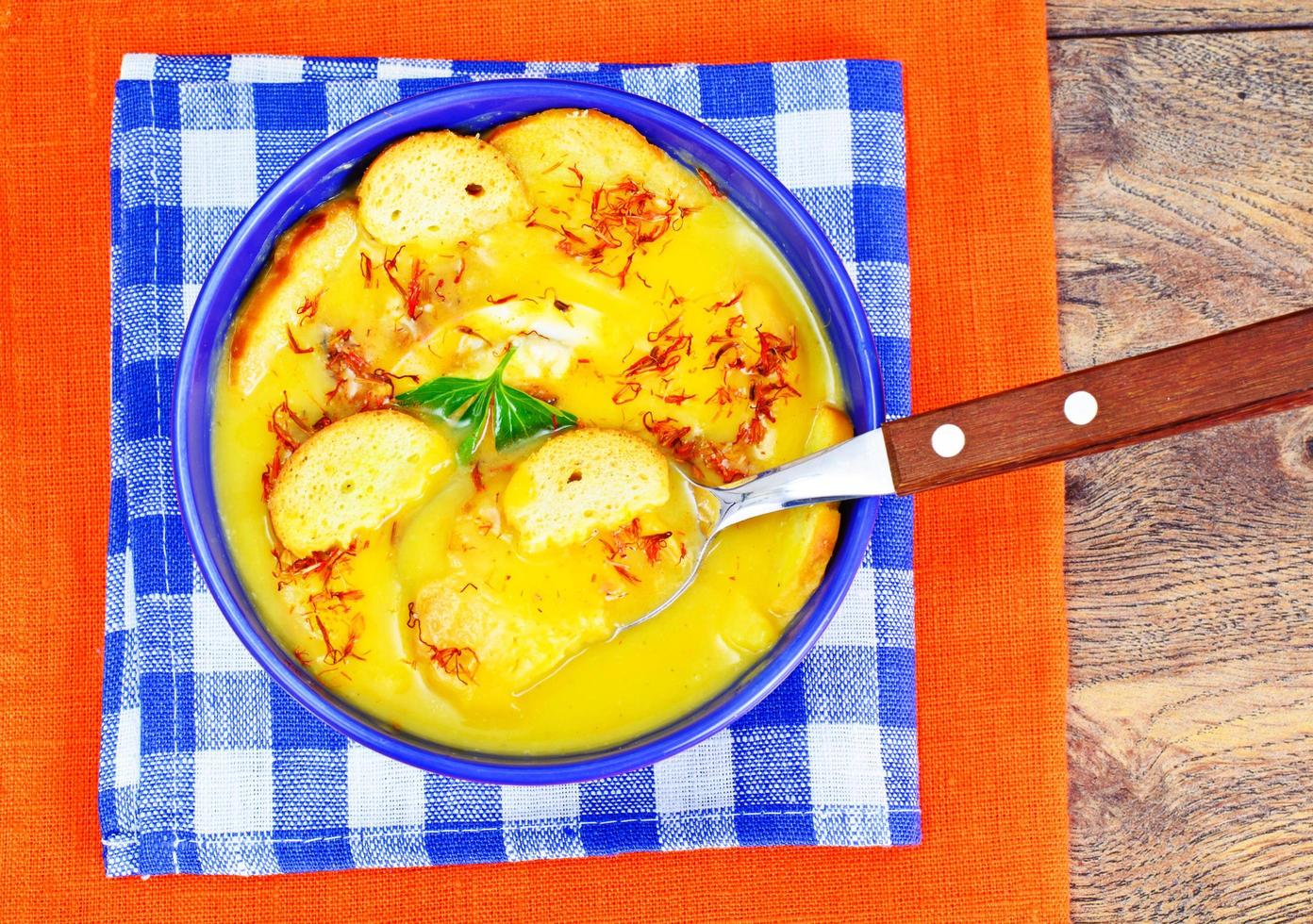 Cream of Zucchini, Carrots, Boiled Eggs, Saffron, Bread Bruschet photo