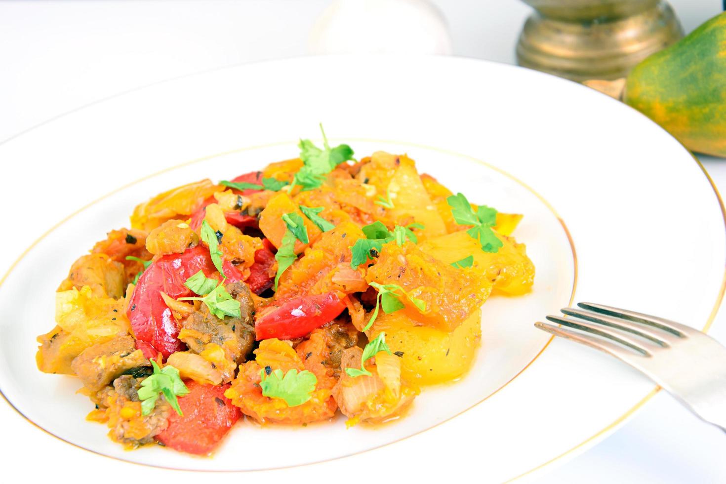 Healthy and Organic Food. Steamed Vegetables with Zucchini, Toma photo